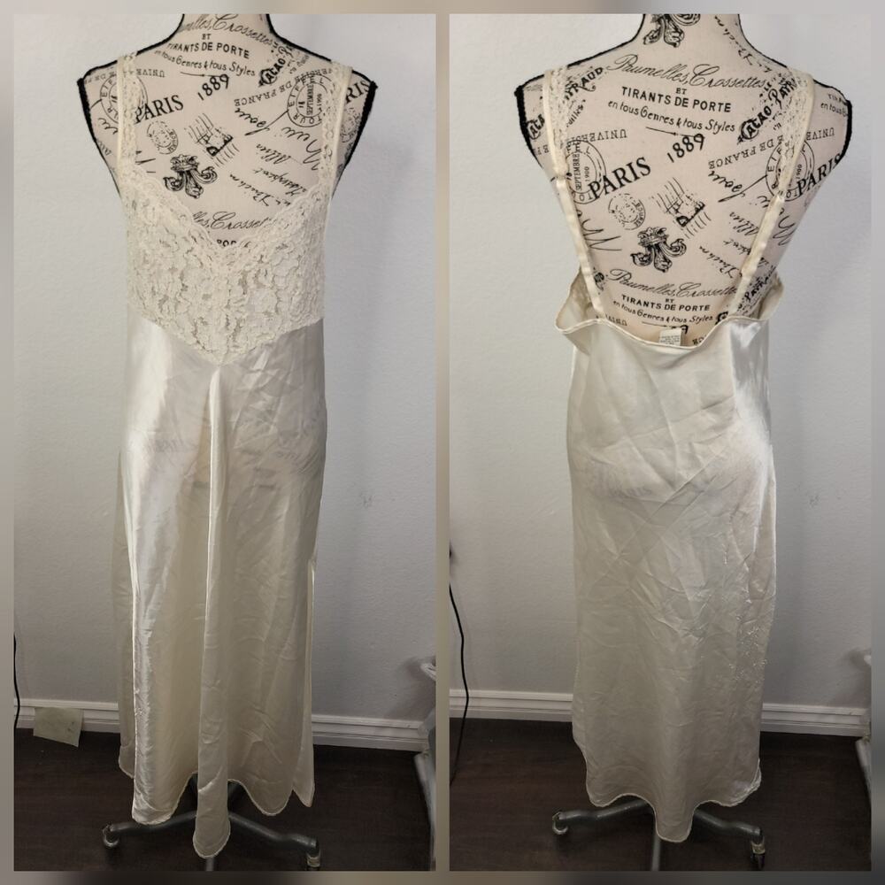 Morgan Taylor Satin Maxi Slip Dress Womens Sz Medium Lace Trim Side Slit Ivory